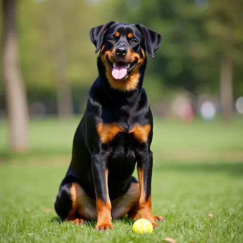 a rottweiler dog  , Sitting in a park,  the day is sunny  ,  taken by a professional cameraman  ,  wearing camera lenses  ,  with a slightly blurred background , The dog jumping  ,  comes out smiling that it can be seen that it is happy ,  that the full bo...