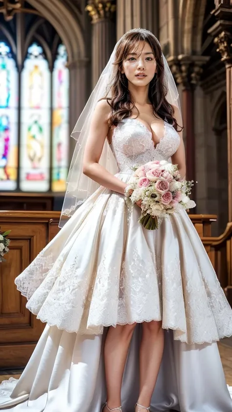 A beautiful young Japanese woman, 26 years old, with healthy thighs, beautiful legs, flawless skin, random hair color and style, large breasts, wearing a (wedding dress:1.3), (she is standing:1.2), full body shot, high heels, holding a bouquet in her hands...