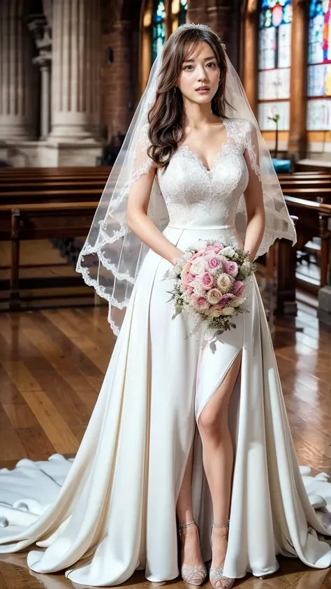 A beautiful young Japanese woman, 26 years old, with healthy thighs, beautiful legs, flawless skin, random hair color and style, large breasts, wearing a (wedding dress:1.3), (she is standing:1.2), full body shot, high heels, holding a bouquet in her hands...