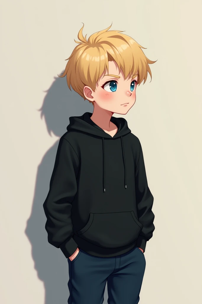 Blond boy, high,  blue eyes,  with hands in pockets, black sweatshirt dress and dark blue pants.