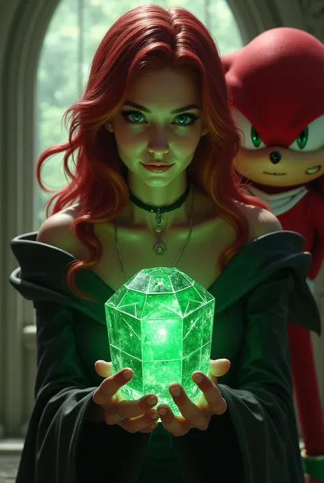 Rougue holding the master emerald while she is sitting and smiling looking in front and with Knuckles in his other hand