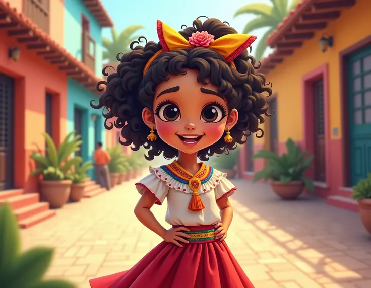 cartoon of a  girl with curly hair in typical Colombian costume with her hair tied up