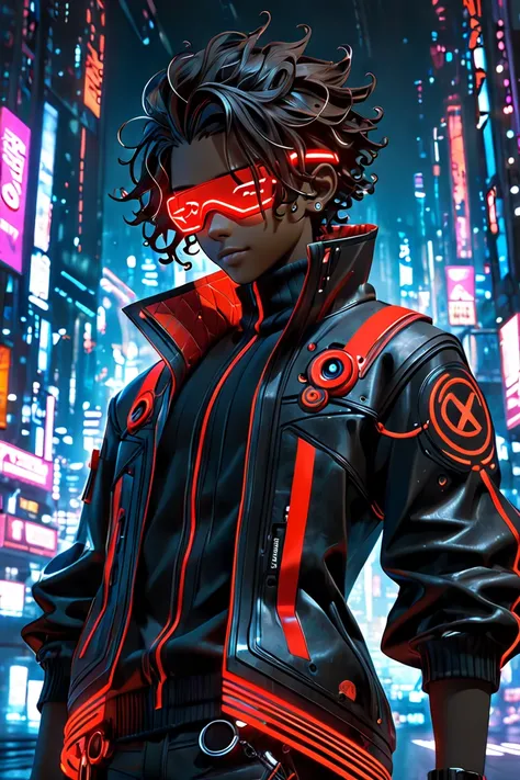 3D-rendered character in the style of Arcane, with a detailed cyberpunk aesthetic. The character is a young male with a slim build, dark brown skin, and two-toned curly hair: the left side is completely white, and the right side is completely black. His me...