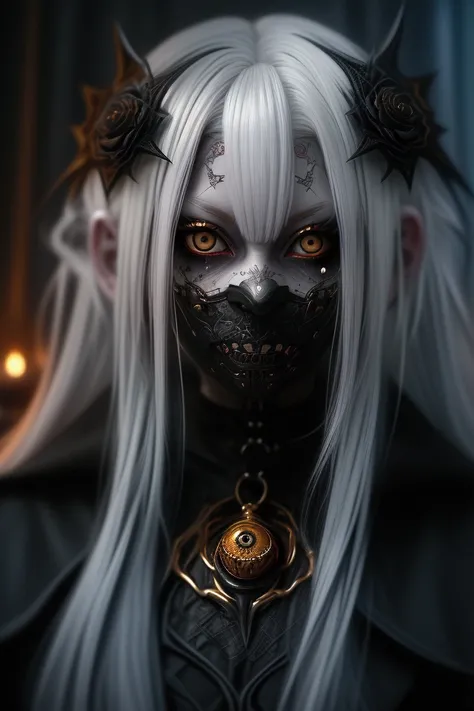 (best quality, high resolution, ultra-detailed), A scary girl, full body, pale skin, (long white hair) and crazy, (((golden eyes))), large breasts, dark and mysterious appearance, iron nails,(( white hair)) gothic aura, evil smile, demonic presence, dark s...