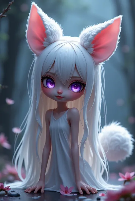 White-haired purple girl with gummy ears and tail, long hair but straight hair