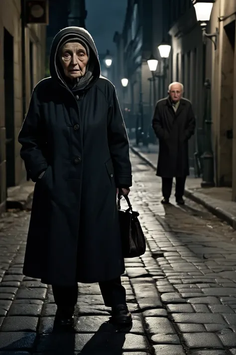 An ultra-realistic scene of a frail 90-year-old woman standing on a dimly lit street, her weathered face and hunched posture reflecting years of hardship. She clutches a small, worn-out handbag close to her chest, her expression a mix of fear and resilienc...