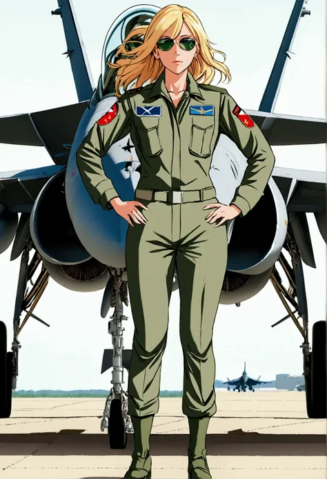 Woman pilot of airfighter, airbase, tall woman tomboy blond hair green eyes, airforce uniform, airfighter F-18, strong woman, full body picture.