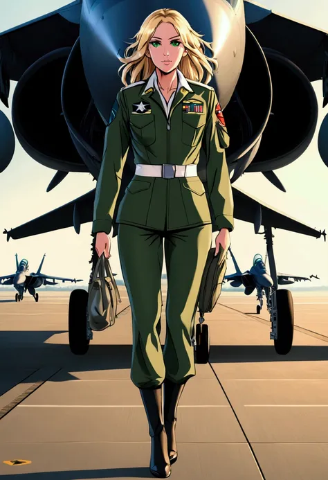 Woman pilot of airfighter, airbase, tall woman tomboy blond hair green eyes, airforce uniform, airfighter F-18, strong woman, full body picture.