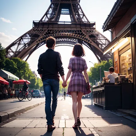 A view from behind of a young couple, they are holding hands and walking in Paris street. There are red sun shade coffee shops. Some coffee shop customers are drinking coffee on sidewalk and reading newspapers. Eiffel tower is in the end of the street. 

A...