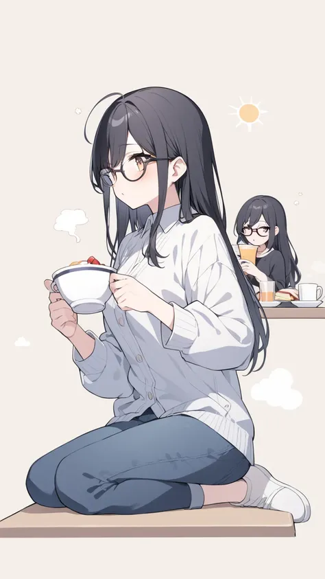 Black hair, glasses, having breakfast