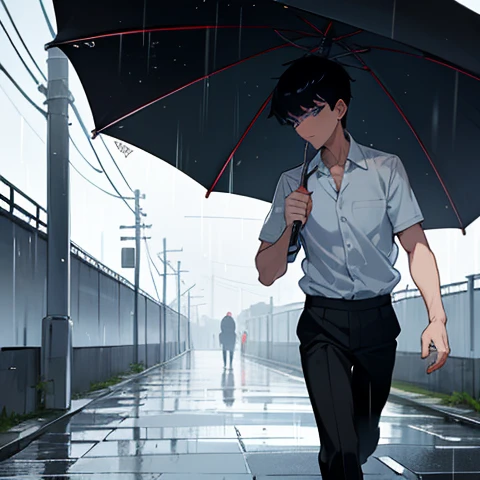 tmasterpiece，Need， very high definition ，show，( short black hair)，Beautiful Man ，Physical Education Student，Walking in the rain，Komi，, blue eyes, 