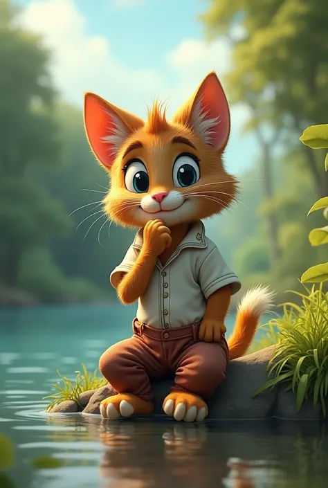 Create me images of the cat Tom thinking on the banks of a beautiful river that the cat Tom is wearing pants and a shirt that is very beautiful and real