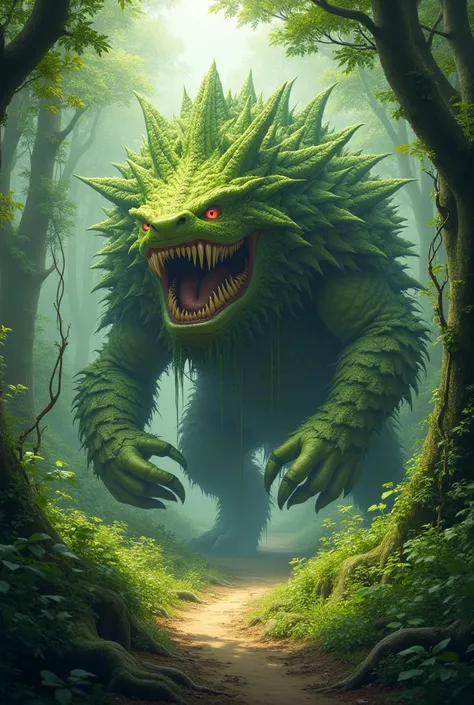  The image shows a fantastic creature in a dense and lush forest.  The creature is large ,  with the body covered by a mixture of green fur and scales ,  reminiscent of a combination of plant and animal .  It has a huge mouth , full of sharp teeth,  and it...