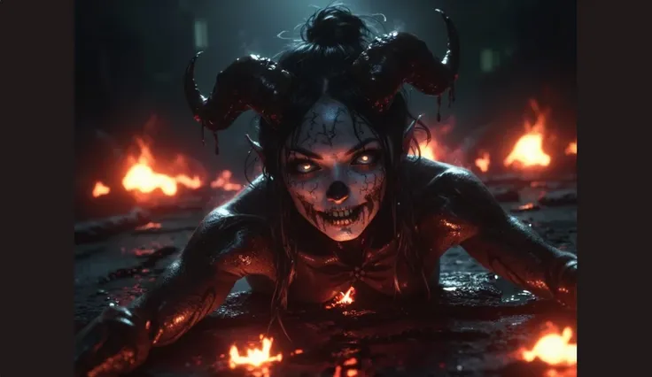 (((skulls on the ground))), (((Make a blood sacrifice))), (carnage:1.5),(black and white demoness:1.5),(beautiful female model:1.5), (demoness with Large horns:1.25),(1 super muscular with flayed skin:1.5),  (perfect anatomy:1.5), high detail, best quality...