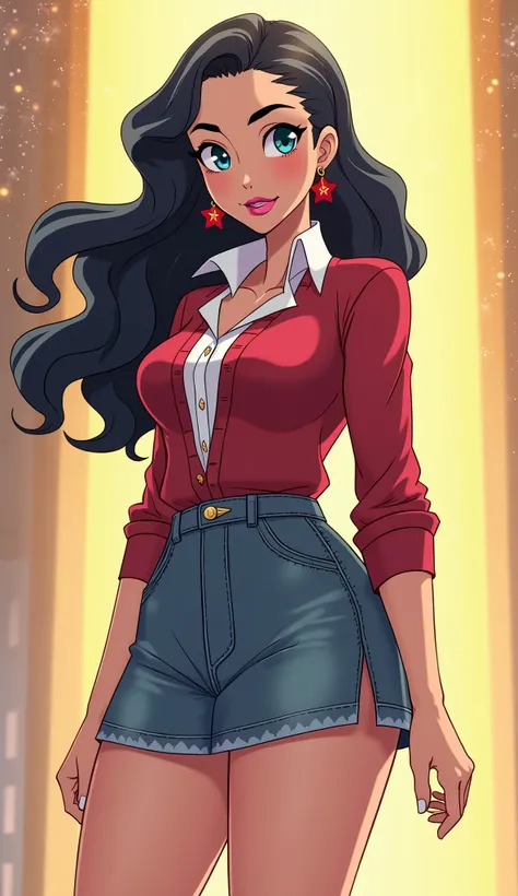 ( Close up ) , ( Close up from top of head to bottom of thigh ) ( ( Diana Prince from DC Super Hero Girls 2019 ) ) , Diana is a slender , beautiful and tall and tan - skinned young Amazonian demigod with an athletic and fit hourglass figure , thick black e...