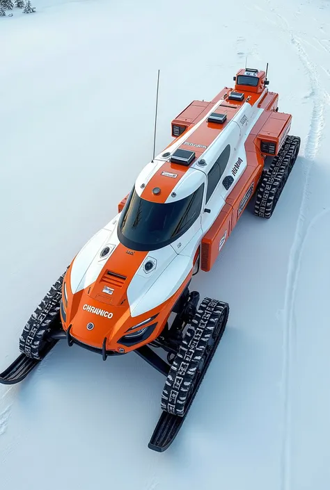 live-action、 real、very thin and long rescue snowmobile、A very thin and long rescue snowmobile that can transport a large number of people by connecting luggage carriers 、white and orange color 、Aerial photography