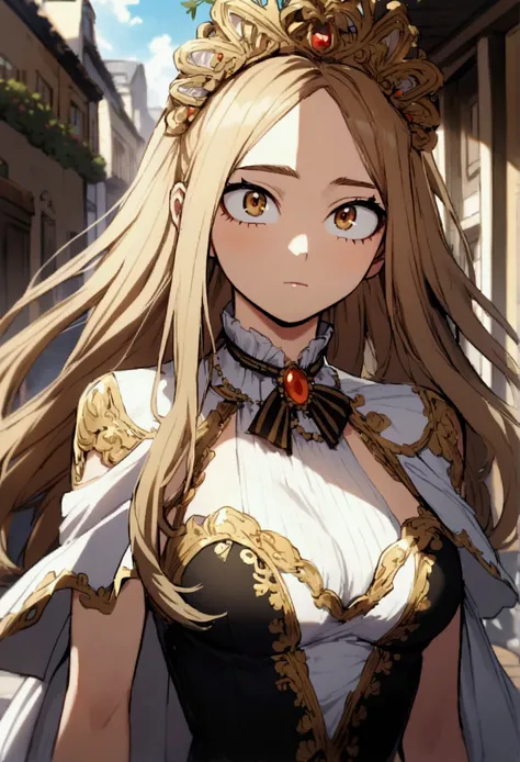 My hero academia, girl with long brown straight hair, golden eyes, gloves, fancy dress, beautiful