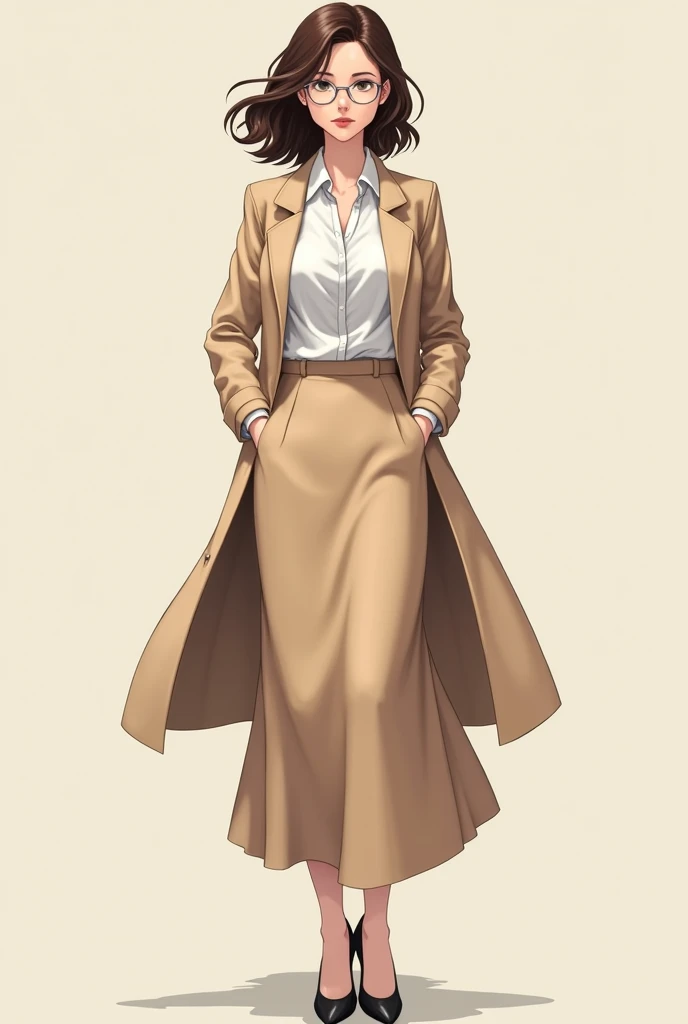  Realistic anime image 50-year-old woman ,  shoulder-length brown hair ,  wavy hair ,  wearing rounded silver glasses , wearing long skirt in beige color , wearing black heels,  wears a white shirt with a coat over the top 