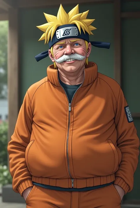  Create a very realistic image of the character Naruto .
Naruto fat ,  realistic white hair due to his old age and with a mustache by whites.
 Classic orange character uniform ,  but tight in his fat body .
 Him wearing the headband with the metal plate on...