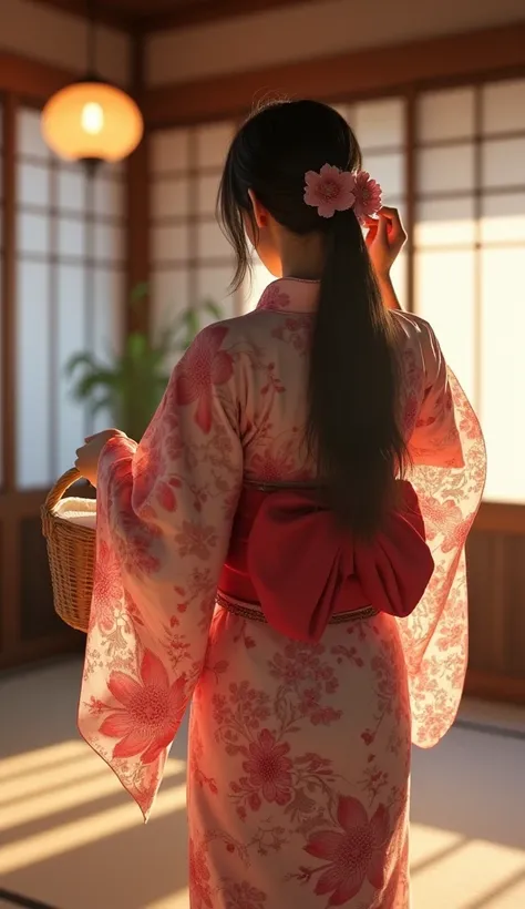 ( top quality,  masterpiece  :1.3,  super high resolution ,),(  ultra detail ,  caustics ),( woman carrying a towel basket wearing photorealistic 4K ） Woman wearing a patterned yukata  、 Japanese-style room 、  turning your back to the camera  、Im putting m...