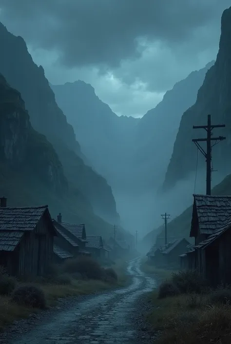 . [Opening Scene]
Prompt: A misty, desolate village surrounded by rugged mountains under a dark, starless sky. Broken houses and ancient ruins are scattered, with faint glowing whispers in the air. The atmosphere is eerie and mysterious, with a cold wind b...