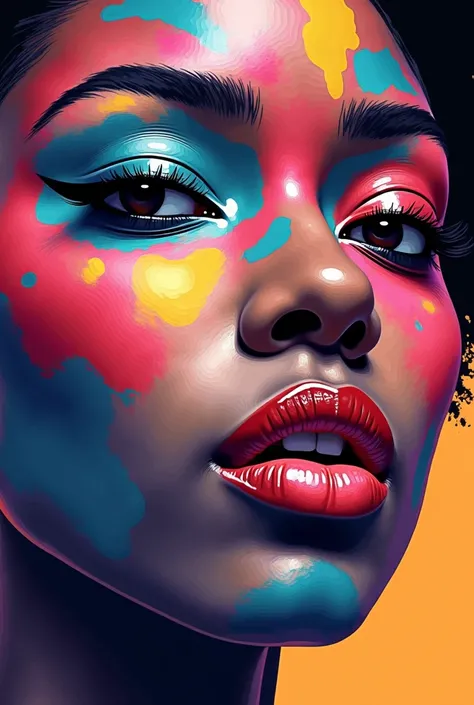 a close up of a painting of a woman with a colorful face, vector art by Dahlov Ipcar, trending on Artstation, afrofuturism, vector art style, wpap, multicolored vector art, art of alessandro pautasso, in style of digital illustration, adobe illustrator art...