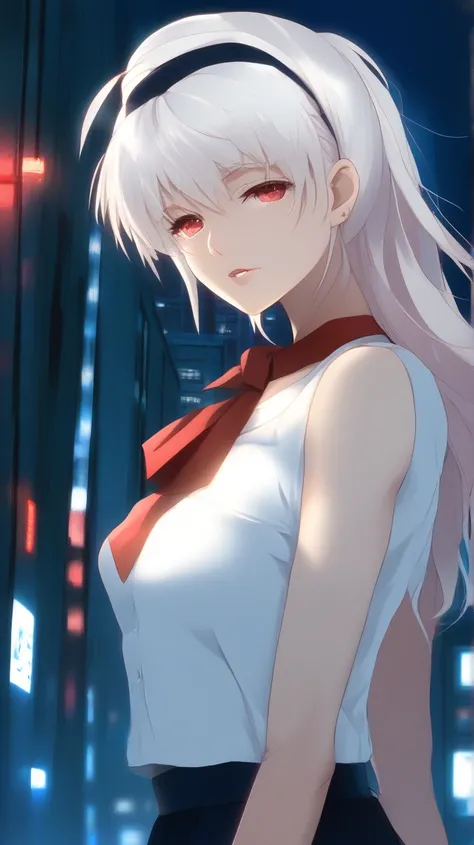 masterpiece, best quality, very aesthetic, 1girl, solo, tohno akiha, tsukihime, white hairband, white shirt, red bow, lips, pout, blush, hand on own hip, looking away, upper body, indoors, backlighting, night, (dark), city