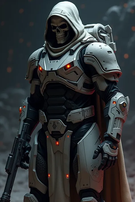 Create a space soldier wearing black Halo MJOLNIR Mark-VI Gen-3 armor and a hooded skull mask ,Standing and visible model
