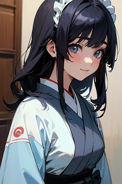 (   highest resolution,    clear   _image)  top quality, single,    one woman, Alone, masterpiece,    very detailed bust,   Semi-realistic  ,    black hairのショートヘア,    black hair, bangs, 18 years old,    mature, light blue uniform, uniform, indoor backgroun...