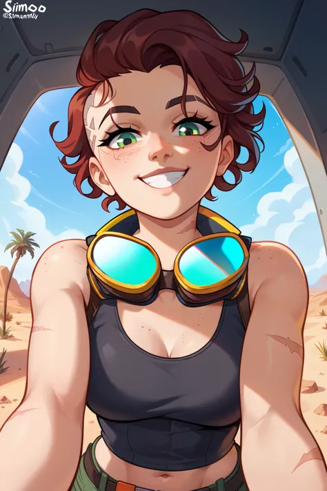 {{upper body, tilted camera, low angle shot}} {{theme: gritty cyberpunk}} {{artist: sincos}} 1girl, young woman, cute, fit, rosy skin, sunburns, dark red hair, short hair, curly hair, bright green eyes, freckles, freckled face, tank top, small scars, biker...