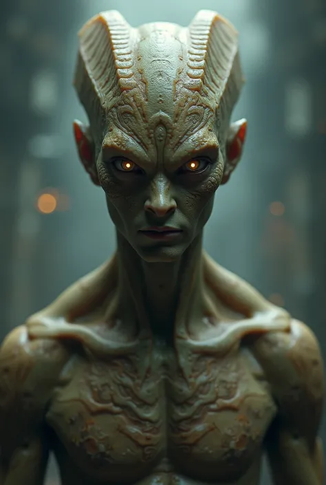 alien, Male, special skin color and eye color ,  with forehead bulges and symbols on the face, humanoid, Mann, muskulös