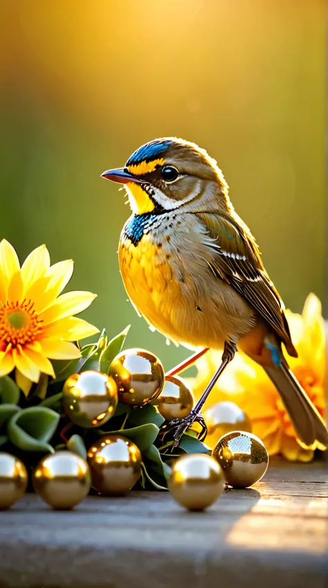 A captivating close-up of a gorgeous little bird illuminated by soft golden light on a peaceful morning, with vibrant bouquet balls gently framing its delicate form..