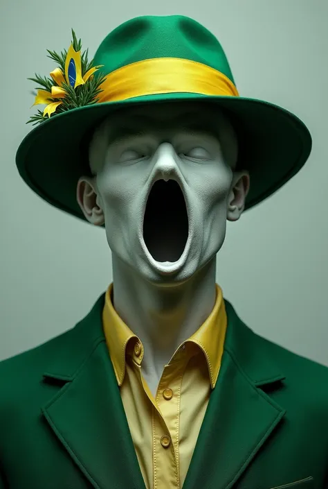 man, faceless, hole in the face , very strong man,  wearing a green hat with a yellow ribbon (fedora hat),  mini Brazilian flag on the hat , (( white mans skin like paper )