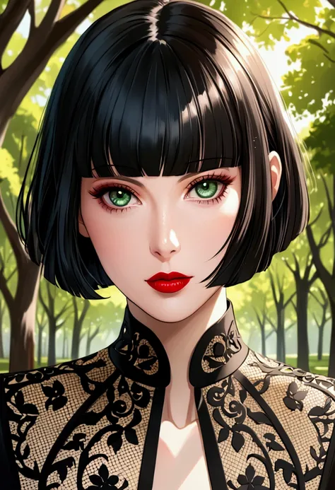 portrait, sharp focus, soft lighting,   illustration, depth of field, outdoors, trees,  ingrid, green eyes, lipstick, red lips, black hair, blunt bangs, bob cut 