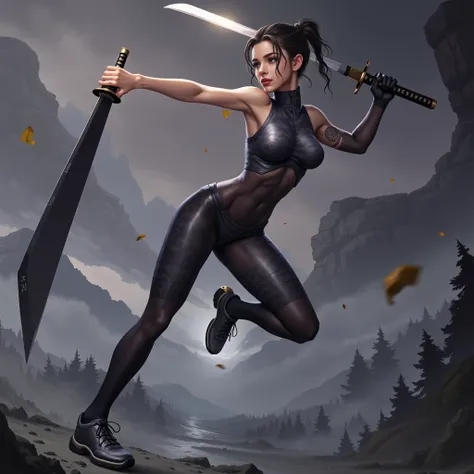 Highly detailed, cinematic angle, dark fantasy art, close-up with shallow depth of field, good exposure, sharp focus, full-length view, digital artwork. Beautiful european young woman ninja in an epic dynamic action jump posure with raised one leg bent at ...