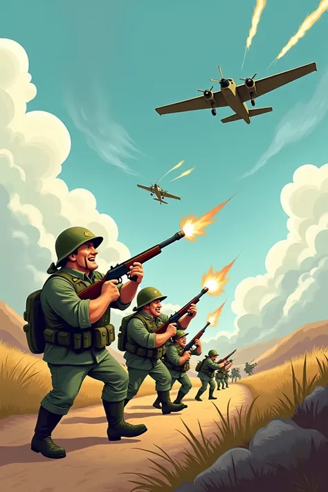 World War II soldiers shot warplanes shooting,  cartoon 