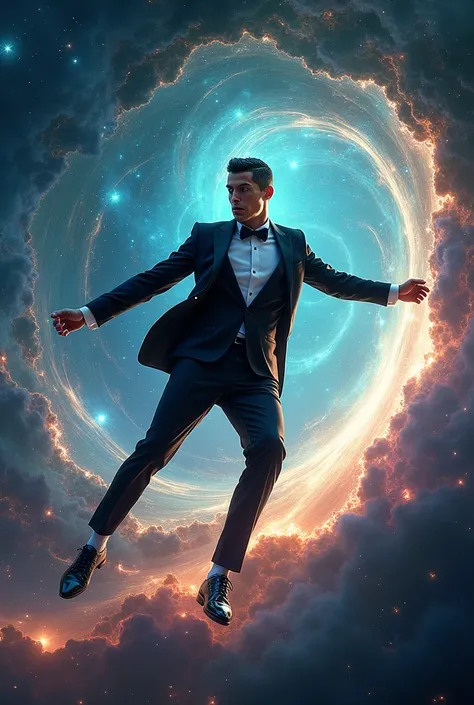 Cristiano Ronaldo Creating a Galaxy
Create an ultra-HD 12k realistic image of Cristiano Ronaldo, dressed in a sleek black tuxedo with a crisp white shirt, black bow tie, and black patent leather shoes, standing in the center of a swirling cosmic vortex. Hi...