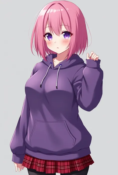  pink hair,Purple Eyes, shorter hair, pure white skin, curvy body , boyish,cool,Neutral, muscular, Tall,Beautiful breasts, nice butt,Im wearing a purple oversized hoodie,Red Check Skirt, black tights, anime style,Daytime crossing , Ultra Fine, top quality ...