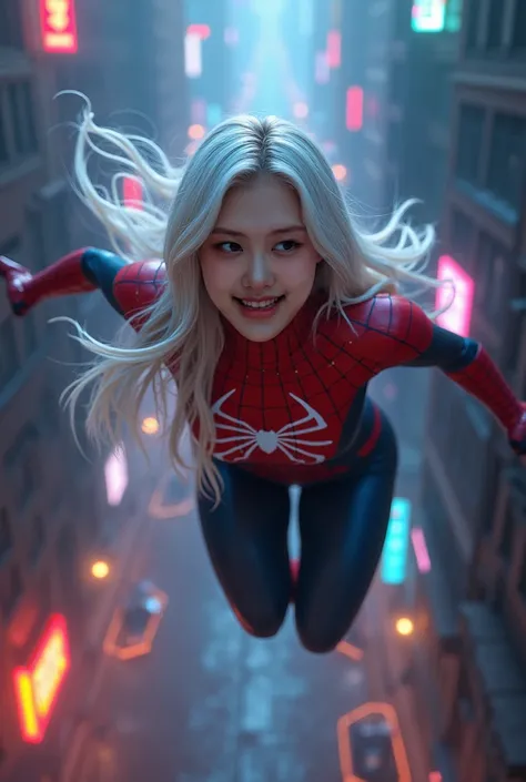 Blonde hair, (White superhero theme, charismatic, There is a girl at the top of the city, dressed in the Spider-gwen costume, is a superhero), [ ((25-years old), ( long white hair: 1.2),  full body, ( blue eyes: 1.2), show of force, Jump from one building ...