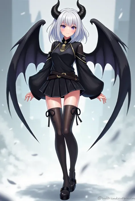  Create a female anime character with a cowboy hat , black horns, white hair and lower than the shoulders lower the shoulders ,  with a black top and black mini skirt ,  with knee-length leg warmers ,  also black and a wing only on the left side of the bac...