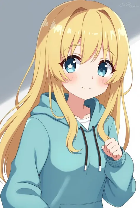 Gold hair long 
Young eyes 
Light blue eyes
Right eye with a white star(like Aqua Hoshino)
Large hoodie (Sleeves should be long enough to cover the back of the hand)
Confident and innocent
She is delicate and slim, with the freshness of a middle school stu...