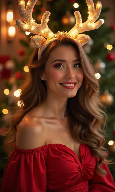 Imagine a beautiful woman, with a radiant smile that illuminates the room .  She wears a bright red festive dress that highlights her elegance . In his head,  she wears reindeer antlers adorned with bright lights and small golden ribbons. Her hair falls in...