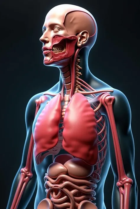  I need a realistic representation of the human respiratory system.  The image must have a full human torso with head and arms .  Things and nasal passages must be visible , pharynx, larynx, bronchi, bronchioles,  lungs and diaphragm . Make the inside of o...