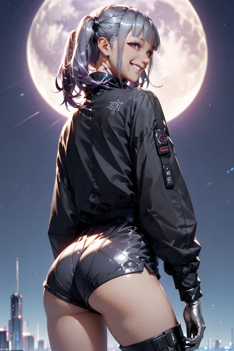  top quality 、masterpiece、 ultra high definition cyberpunk background 、The full moon shines、（Shooting Resolution ：1.4）、  Ultra High Definition Film 、 back view、 Changing Poses 、 butt closeup、That Girl Is 20 Years Old 、 White Opera Gloves Hiding Arms 、 uppe...