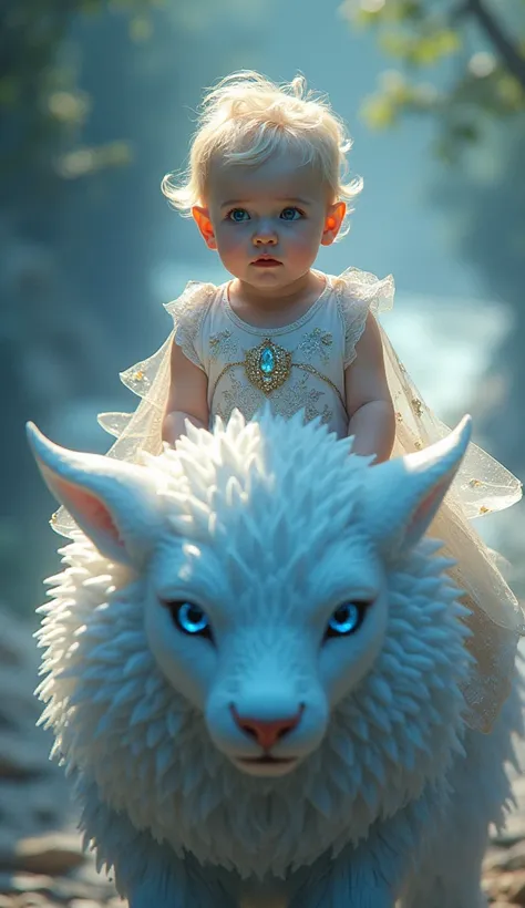 A baby with blue eyes and shiny skin with beautiful clothes riding a beautiful animal with blue eyes 