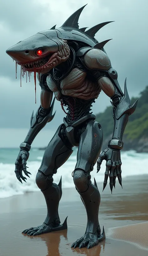 A terrifying fusion of a hammerhead shark and a futuristic robot, standing ominously at the shoreline where the ocean meets the sand. The creature has a partially organic hammer-shaped head with exposed muscles and jagged shark skin, dripping water as it e...