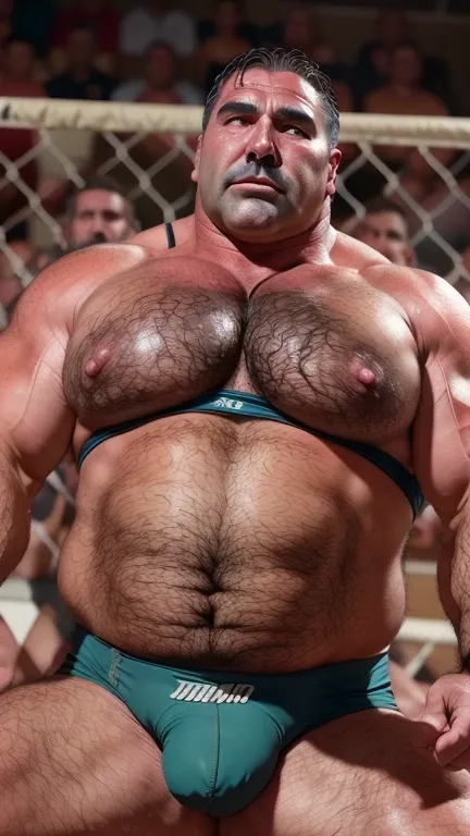  fat Greco-Roman style middle-aged male wrestlers。(Very huge bulge :1.5)。Wrestling Tournament Venue 。Precise depiction。 highest resolution。Maximum number of pixels。 Best Picture Quality 。 hyperreal。 Photorealistic 。