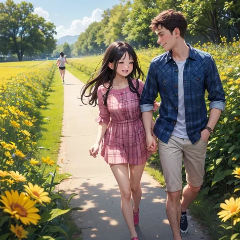 A young couple, both age 30, are holding hands and running in a flower field. Mand is wearing plaid shirt and jean. Girl is wearing a summer dress.