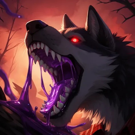 Furry male anthropomorphic wolf wed red glowing eyes red plaid shirt purple liquid leaking out of mouth, open mouth, canine teeth, purple liquid leaking from canine teeth, high-quality, horror, hallucination,