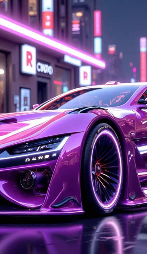 cyberpunk、masterpiece、 anatomically correct、 top quality 、 High Details 、Neon Buildings、 Fairlady Zs30 、Blue Devils Z 、 Custom 、 Wide Wheels 、Lowdown 、 Detailed Blister Fender、 Full Smoke 、 side angle、Right beside、Full car view 、purple color 